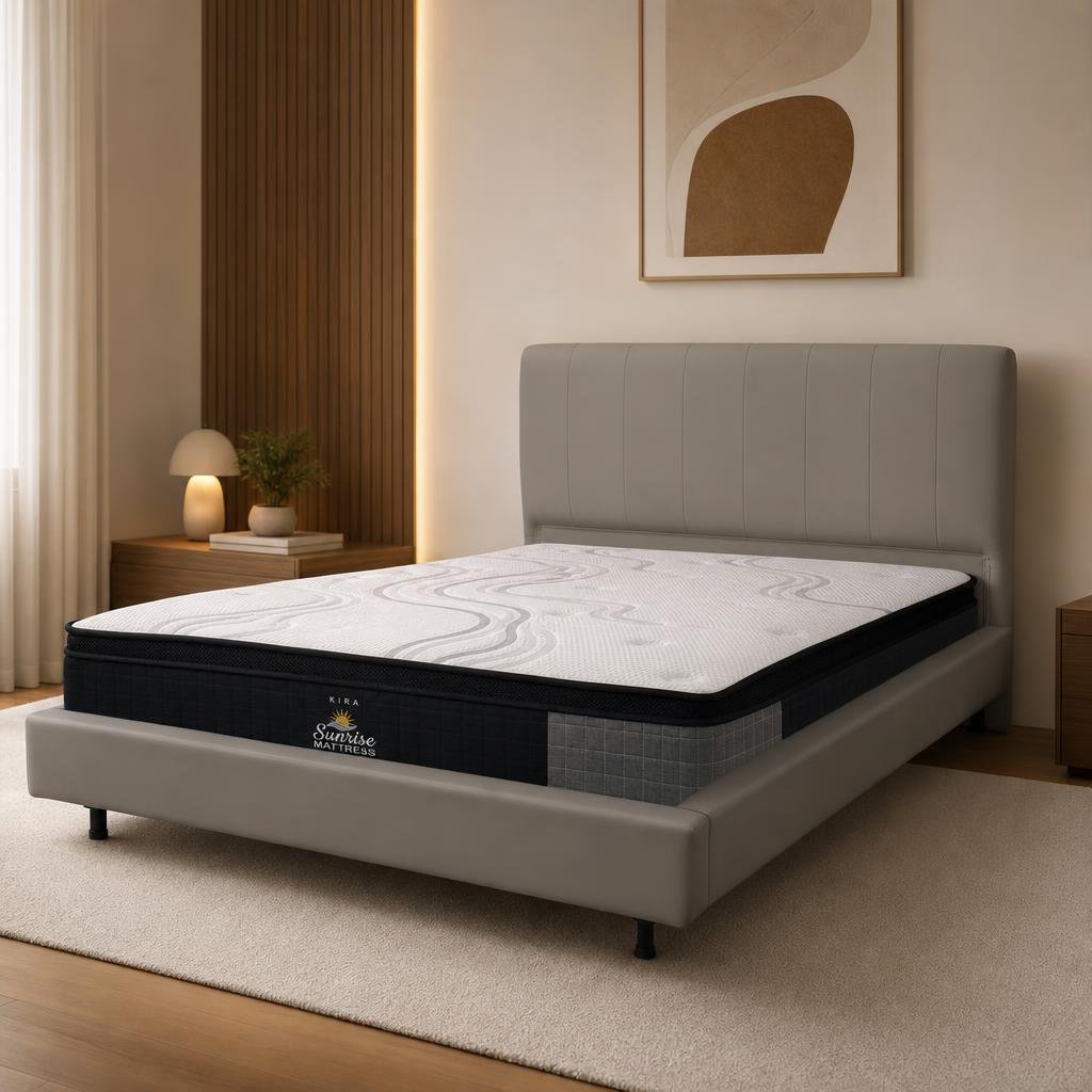 KIRA Grid Bed in a bedroom, made up with the KIRA Sunrise Mattress